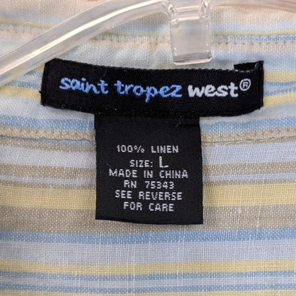 Saint Tropez West Womens 100% Linen Minimalist Striped Shirt Size L Blue Yellow - Picture 2 of 7